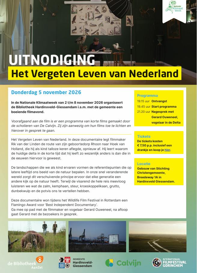 Klimaatweek filmavond: Het vergeten leven van Nederland — muziek in Hardinxveld-Giessendam